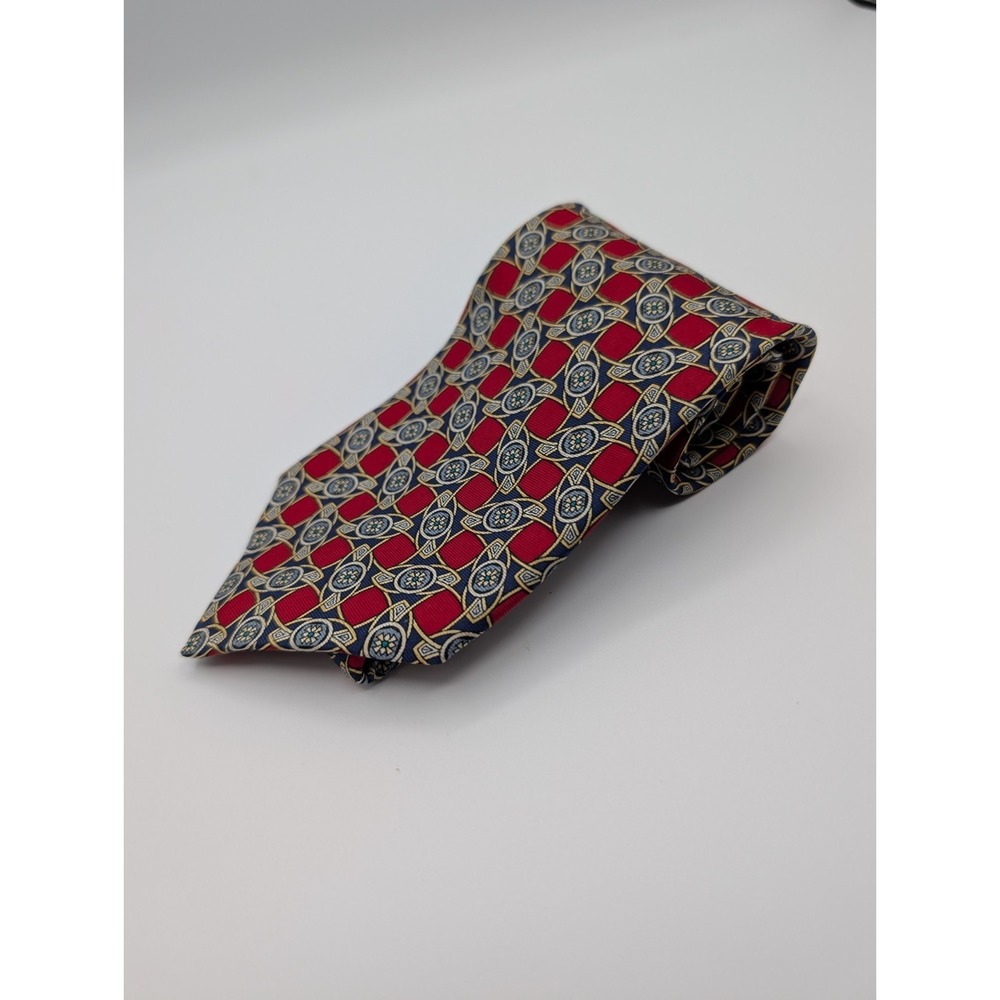 Vintage Sutter & Grant Silk Tie Red Blue Geometric Medallion Necktie Made in USA